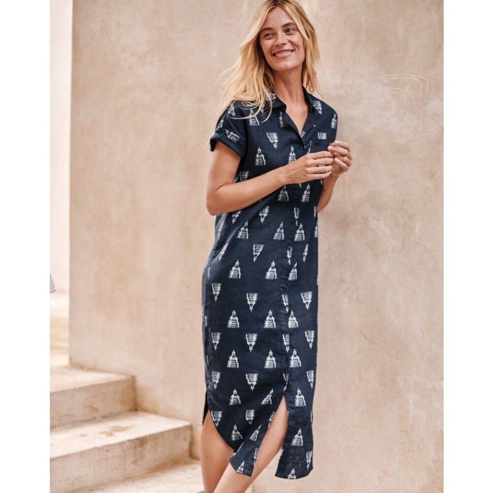 Garnet Hill Women's XL Navy Blue Linen Button-Front Midi Dress Beach Coastal